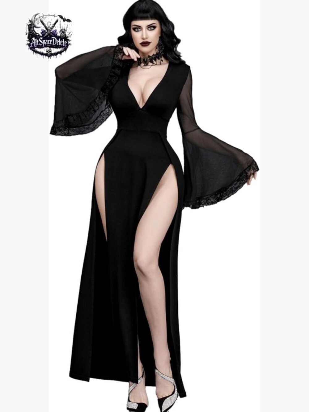 Maxi Mermaid Dress with V-Neck Lace Patchwork High Slit Witch Sleeves